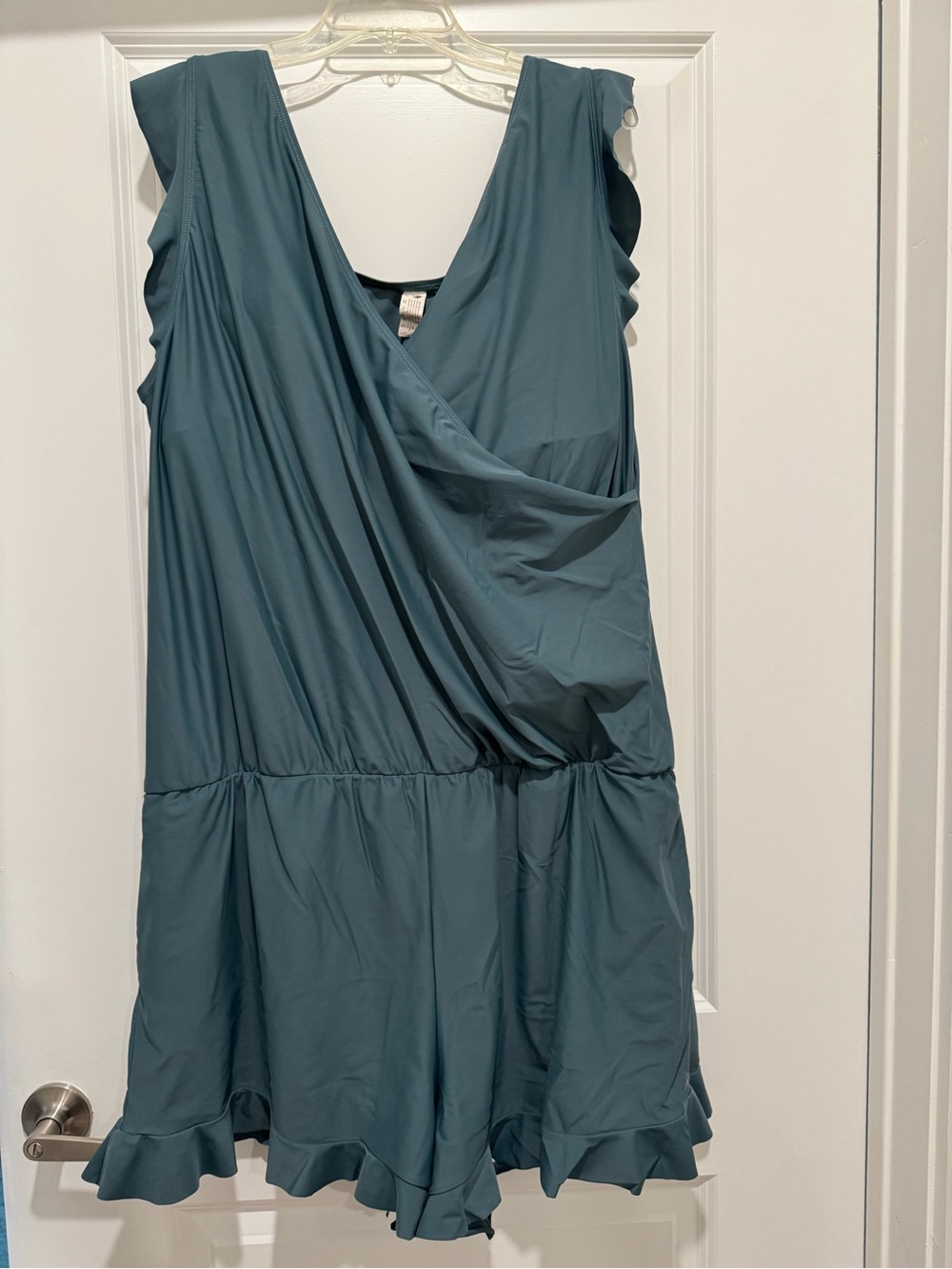 Honey Mark Ginger Swim Romper with Ruffle Hem in Juniper Blue
